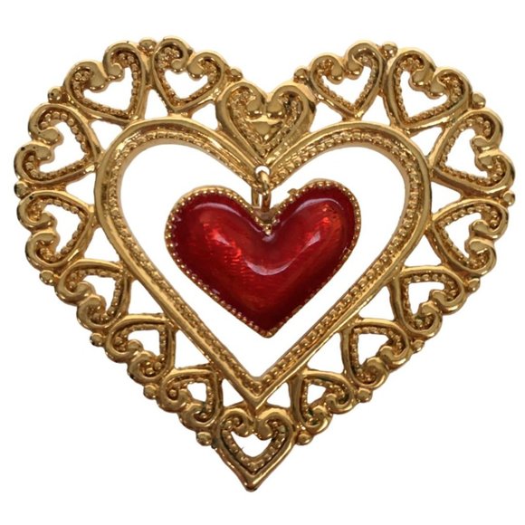 Avon Jewelry - Avon Heart Lapel Pin Valentines Day Dangling Red Enamel Vintage Jewelry 1990s